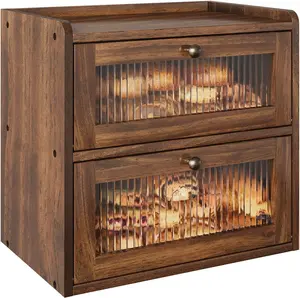 Double Layer Large Bread Box for Kitchen Counter, Wooden Corner Bread Storage Container with Acrylic Window, Retro Brown