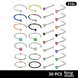 30Pcs,nose stud,20G Nose Rings Set – Hypoallergenic 316L Surgical Stainless Steel Nose Hoops & Studs, L-Shape Nose Screw & Bone Piercing Jewelry for Women Men, Silver Rose Gold Black Rainbow