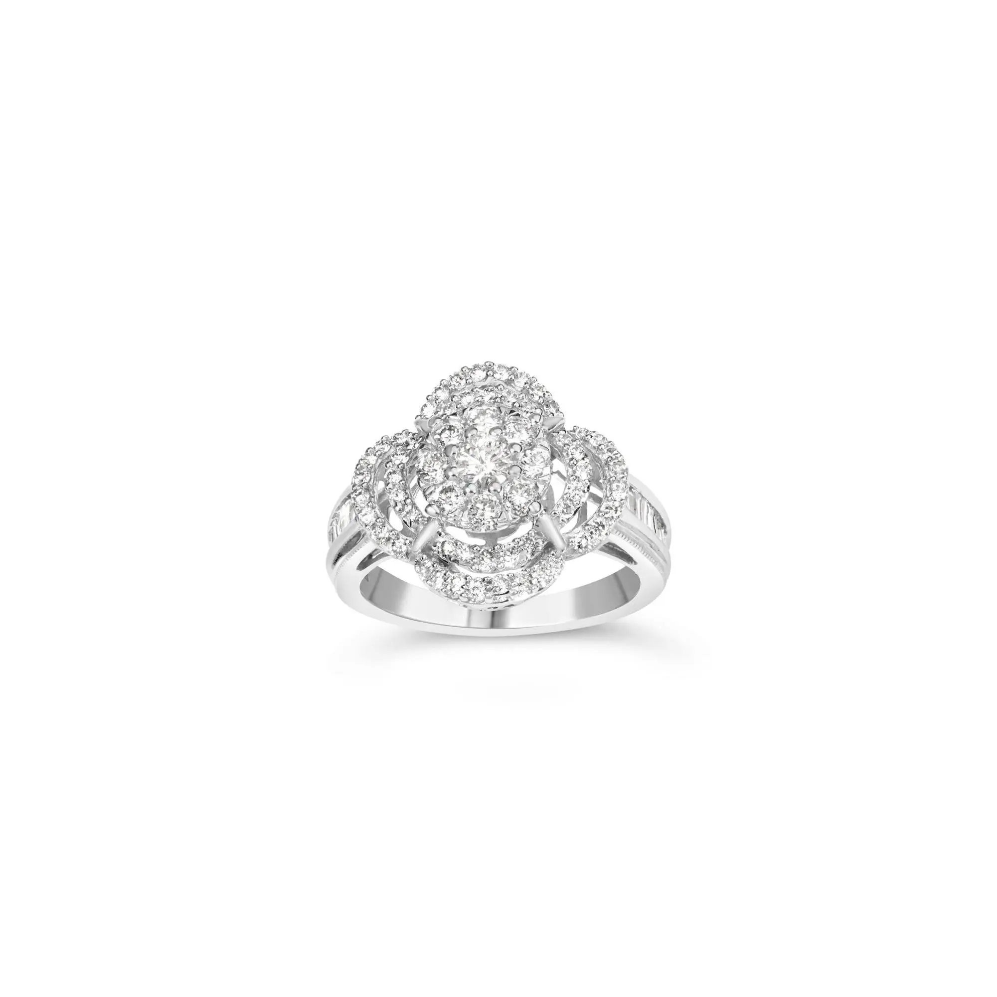 14K White Gold 1.0 Cttw Round & Baguette Cut Diamond Floral Cluster Quatrefoil Channel Set Band Cocktail Statement Ring (H-I Color, SI2-I1 Clarity)