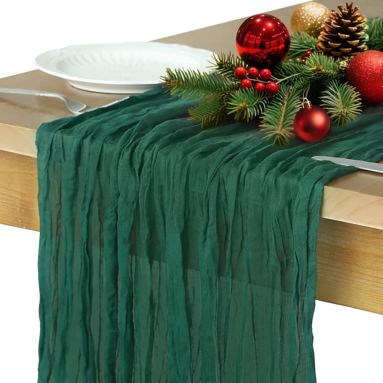 Christmas Table Runner, 10FT Cheesecloth Emerald Green Table Runners 35*120inch Rustic Vintage Table Runner for Christmas Indoor Home Kitchen Table Party Decorations