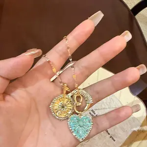 vintager vintage mint green sunflower heart pendant necklace for women, unique design, lively and elegant necklace