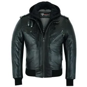 Vance Leather Mens Sven Bomber Black Waxed Premium Cowhide Motorcycle Leather Jacket with Removeable Hood