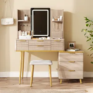 Vanity Desk with Mirror and Lights, Fluted Small Makeup Vanity with 6 Storage Drawer, Stool, Shelves, Wood Dressing Table Set for for Women Girls Bedroom, Yellow Brown