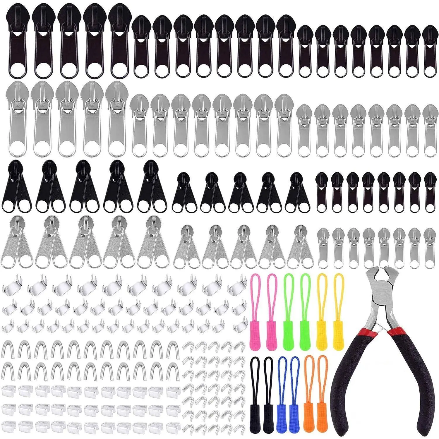 TUPARKA Multi-Size Zipper Repair Kit 211 Pcs, Metal Zipper Replacement with Installation Plier, Silver Black Zipper Accessories for Bags, Backpacks, Luggage & Household Daily Repair Tool Jacket Tent Clothing Purse