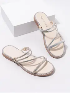 Women's Fashionable Rhinestone Decorated Flat Sandals, Elegant Square Toe Sandals for Summer, Lightweight Breathable Comfortable Shoes for Daily Wear, Girl