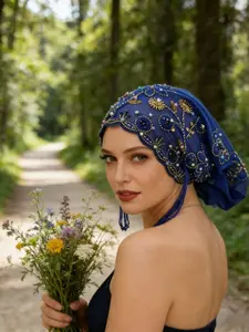 Muslim Women's Elegant Embroidered Hat, Handmade Lace Beaded Scarf, Casual Elastic Breathable Headscarf, Fashion Head Wrap, Turban Hijab