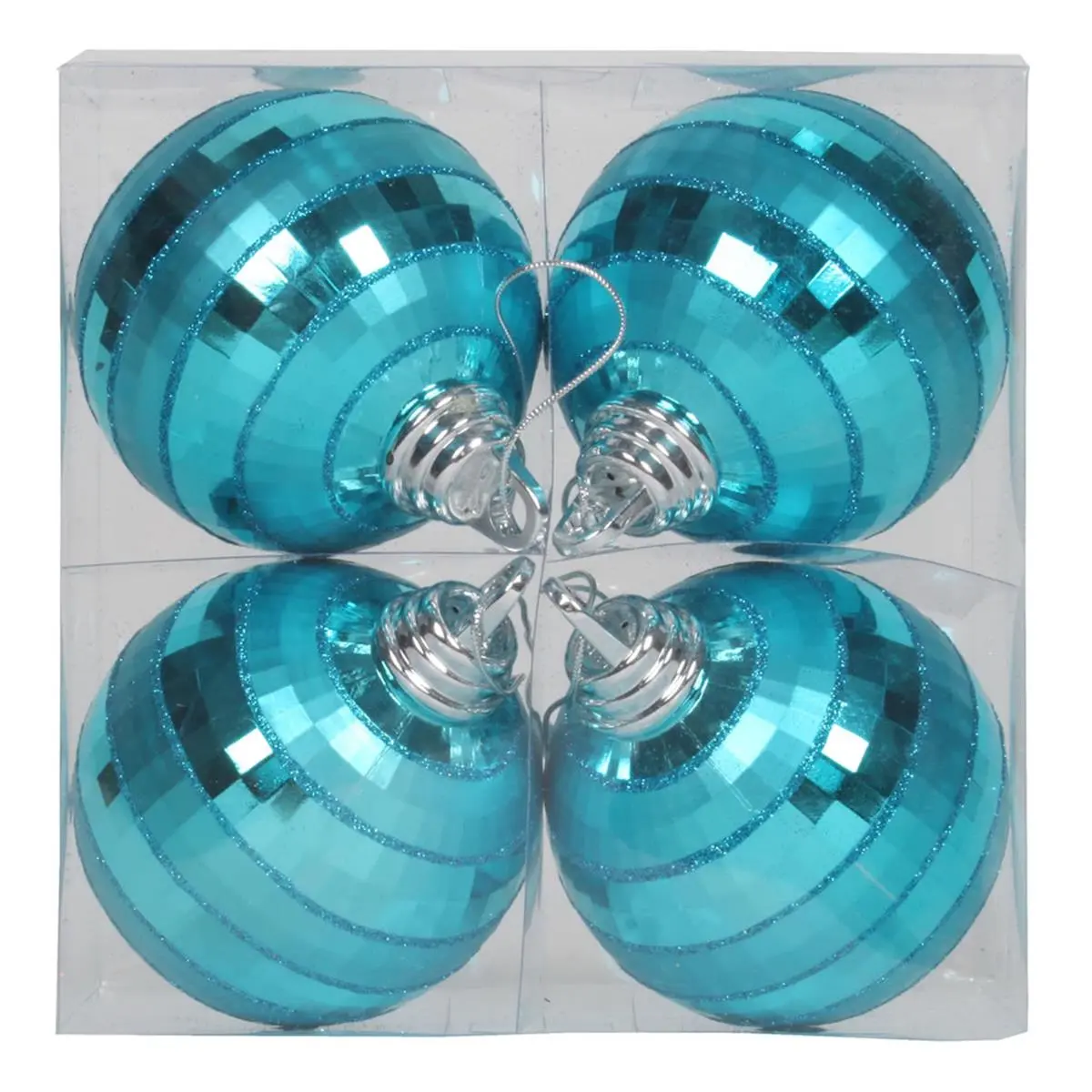 212 MAIN 4 In.. Round Plastic Turquoise Shiny-Matte Mirror Balls, 4 per Box, Lightweight Indoor Holiday Decoration for Festive Home Decorating