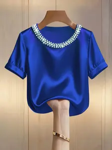 Women's Fashion Pearl Round Neck Solid Color Short Sleeve T-Shirt Top, Casual Summer Wear, Stylish Ladies' Clothing