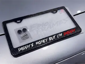 Daddy's Money But I'm Daddy License Plate Frame 100% Real Carbon Fiber Tag Cover Red