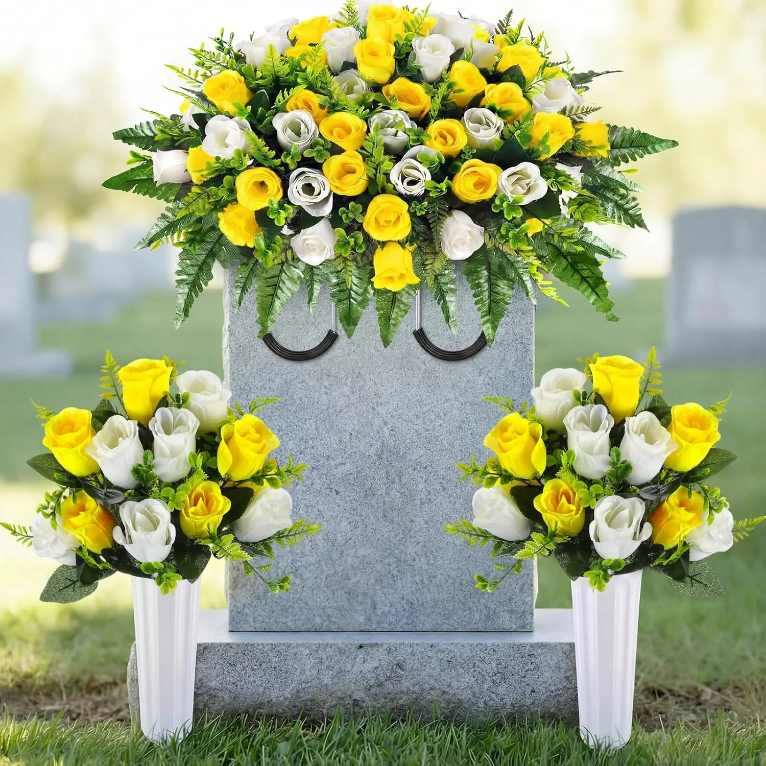 Janinka 3 Pcs Artificial Cemetery Flowers for Grave Set 1 Headstone Flower Saddle 2 Cemetery Flower with Vase Memorial Rose Bouquet for Outdoor Graveyard Gravesite Decor(Yellow, White)