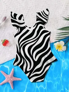 Summer Girls' Swimsuit, Zebra Stripe Pattern, Sweet Unique Design, Perfect Party Birthday Gift, Casual Outdoor & Indoor Swimming Sportswear