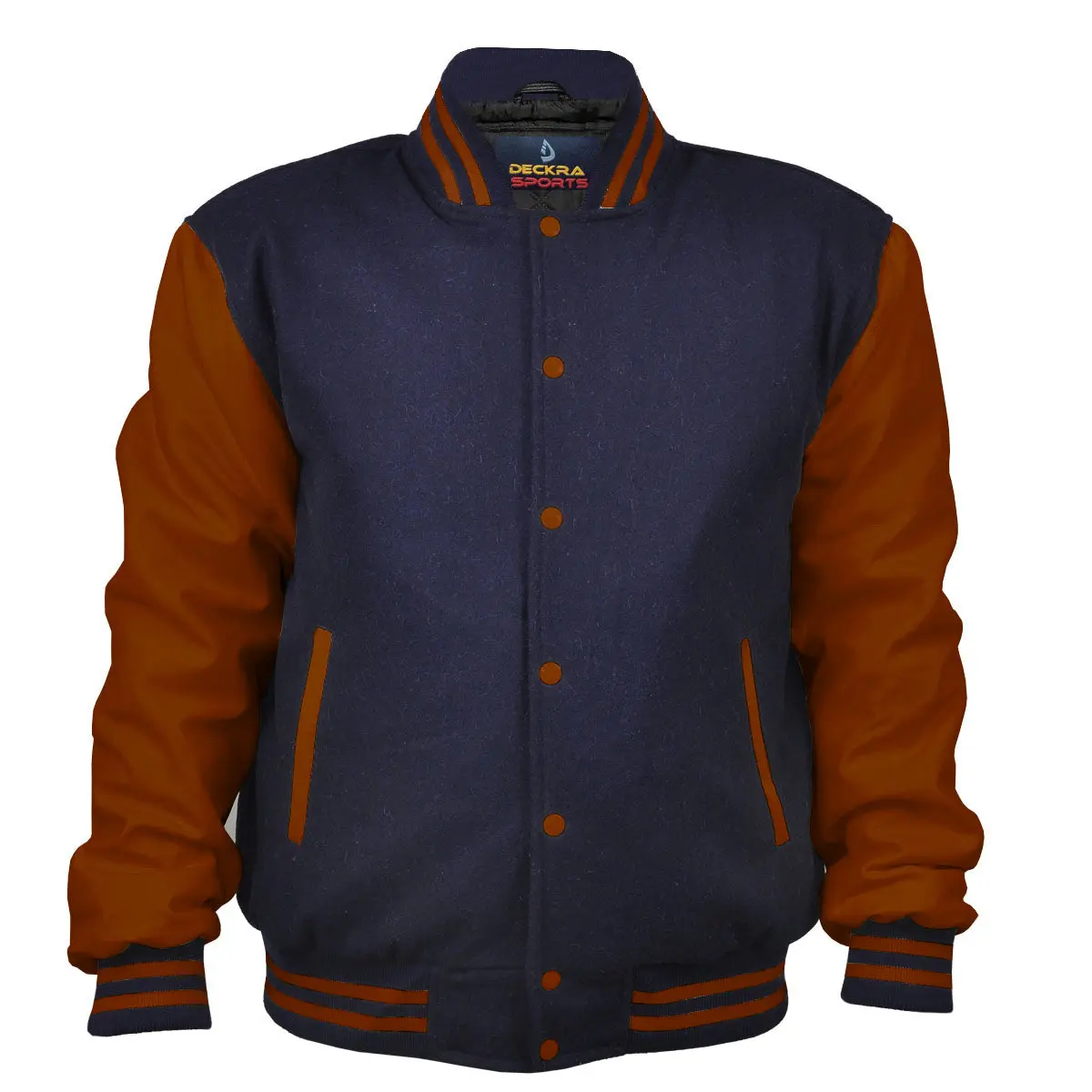 Deckra Women's Varsity Jacket, Handmade Letterman Style Coat in Genuine Leather & Wool with Long Sleeves, Coats, Tops, Sports, Polyester, Button, Baseball Jacket, Multi-Size, Embroidery
