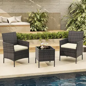 3-Piece Outdoor Furniture Set, PE Rattan Wicker Chairs with Soft Cushions & Tempered Glass Coffee Table - All-Weather Patio Set for Garden, Backyard, Porch, Poolside (Gradient Brown/Beige)