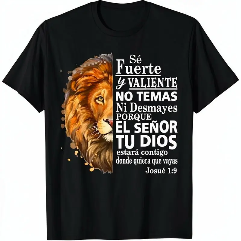Men's Classic Oversized Short-Sleeve Round Neck Cotton T-Shirt - Unisex Casual Menswear Tops with Valiente Josue 1:9 Spanish Christian Bible Verse Graphics