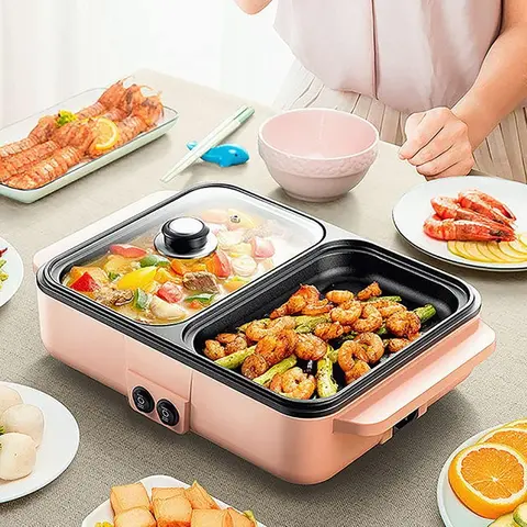 CNCEST 2-in-1 Corded Nonstick Electric Grill & Hot Pot - 1200W, Even Cooking, Portable Griddle, Dual Temp Control, Rust-Resistant Paint, Wipe-Clean, Lid, Power Cord, Healthy Cooking, Indoor Grilling, Less Oil Smoke, Kitchen Appliances, Household Appliance