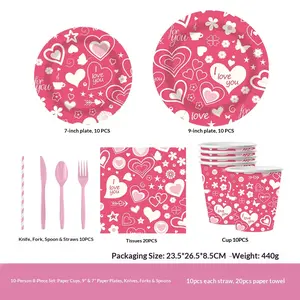 Valentine's Day Party Supplies Paper Plates Napkins Tableware Set, Heart Theme Decorations for Romantic Gatherings, Perfect Gift Idea