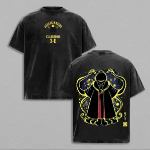 Koro Sensei Vintage Oversized Washed T-Shirt, Assassination Classroom 3-E Graphic Tee, Retro Anime Streetwear for Men and Women