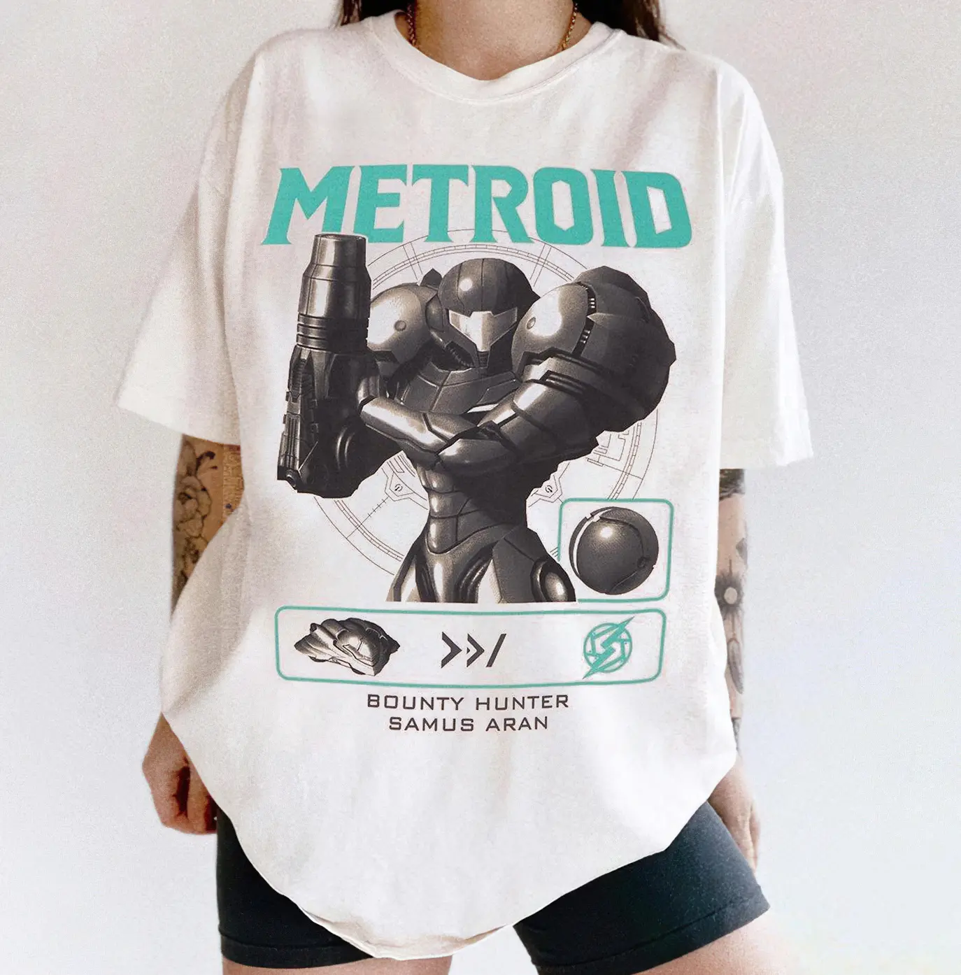 Women's Casual Vintage Gaming T-Shirt, Round Neck Cotton Graphic Top with Metroid Samus Aran Print