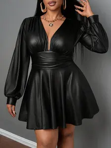 Plus Size - Plus-Size Faux Leather Skirt Women with a Deep V-Neck, Lantern Sleeves, And a Fitted A-Line Design, Perfect a Party Look