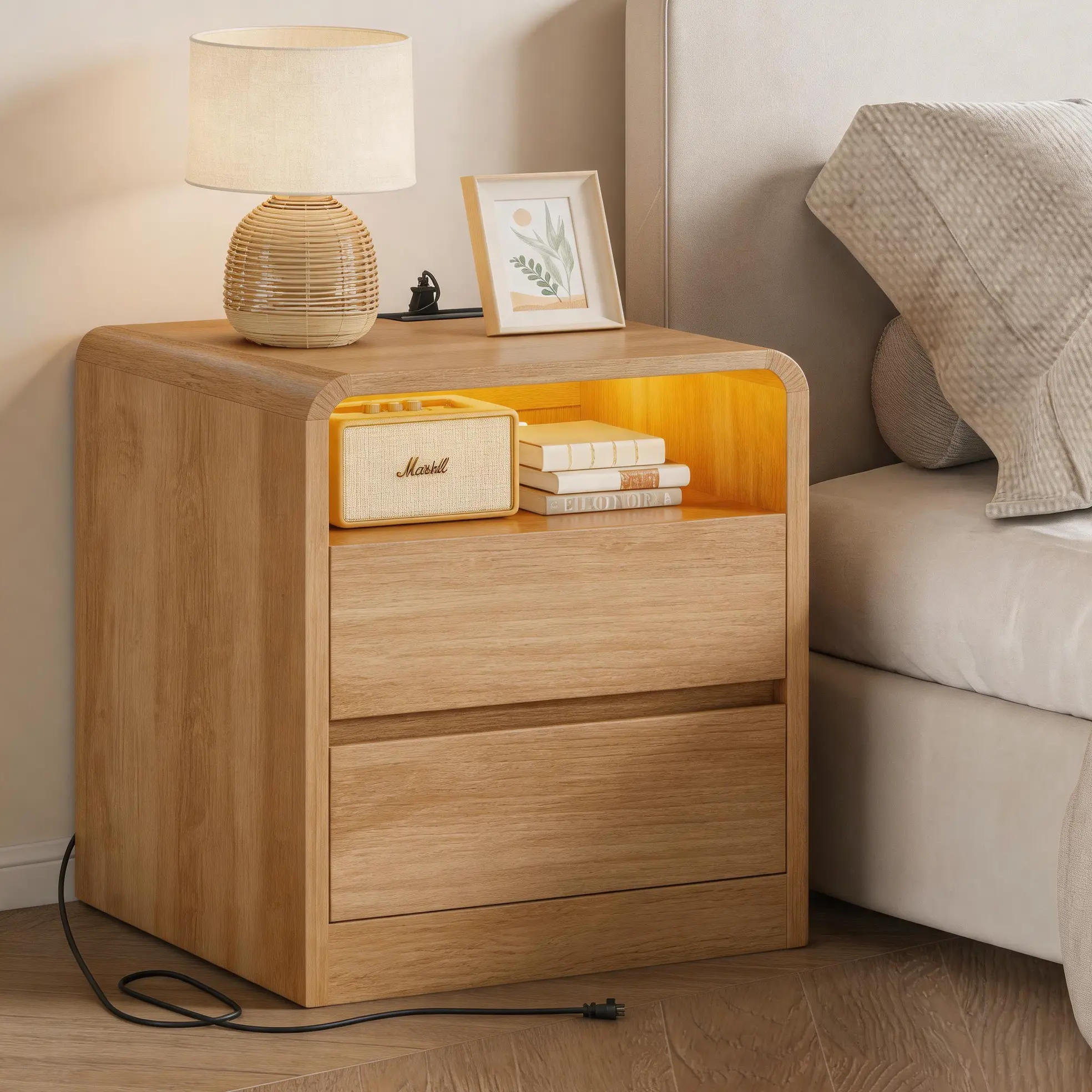 Natural Oak Modern Nightstand with Charging Station, 23.6'' Wide Wood Bedside Table - 2 Storage Drawers, Curved Profile Mid Century End Table for Bedroom, Living Room