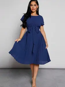 Maternity Belted Dress: Pleated Hem, Elegant Design