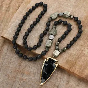 Obsidian + Volcanic Stone Rosary Necklace with Arrow Shaped Pendant -Natural Gemstone Bead Healing Necklace for Courage and Confidence Gold Plated Amulet Necklinphalt