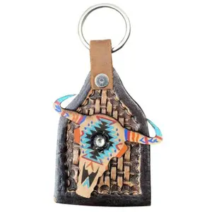 Cow tag-shaped AZTEC COW SKULL LEATHER KEYCHAIN