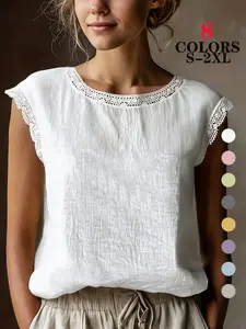 2026 Summer Women's All-Occasion Linen Sleeveless Blouse, Lace Trim Solid Crew Neck Relaxed Fit Casual Top for Office Commute Vacation Beach Holiday Date Outdoor Wear Womenswear