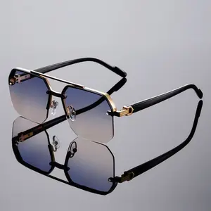 2026 Trendy Metal Half-Frame Square Sunglasses for Men Classic Fashion Driving Eyewear with UV Protection Sun Glasses