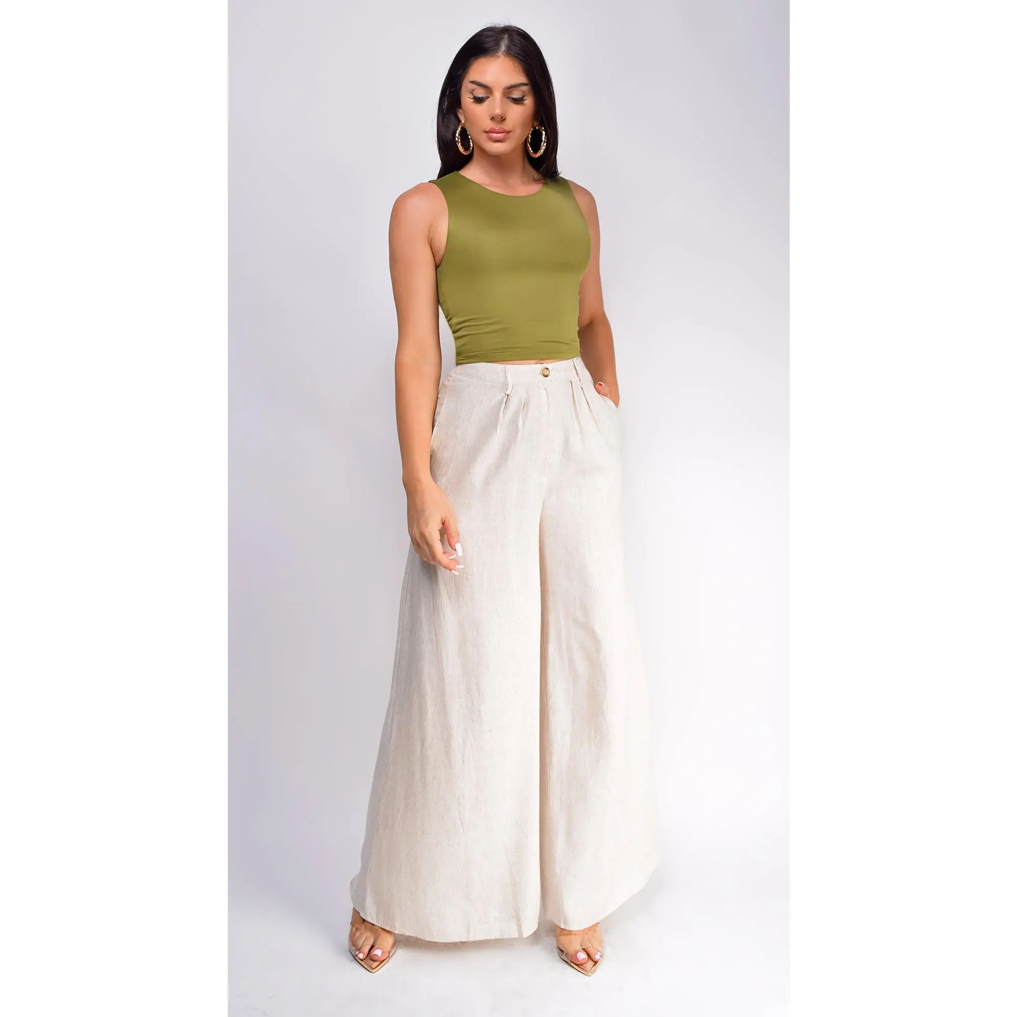 Emma High Waist Linen Pants - Beige