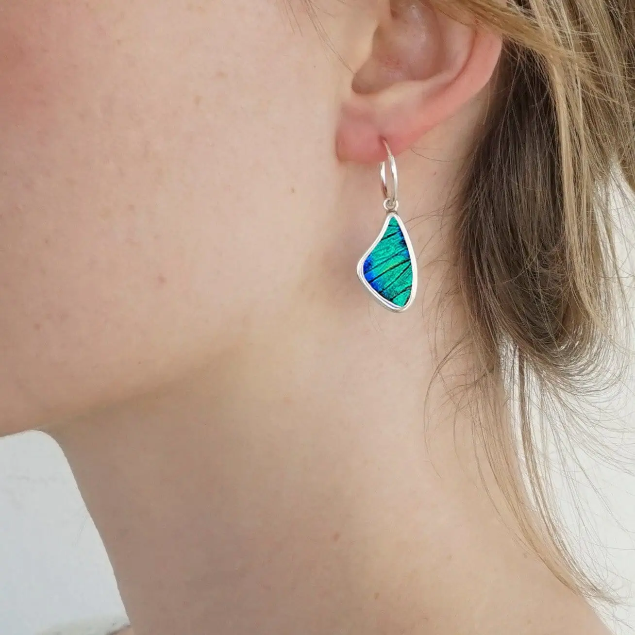 Real Prepona Butterfly Small Wing Shaped Pendant On Endless Hoop Earrings In Sterling Silver