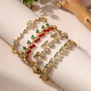 Women Copper Cherry Bracelet With Colorful Zircon Sweet Fresh Style Flower Petal Design Stackable Light Luxury Fashion Hand Jewelry