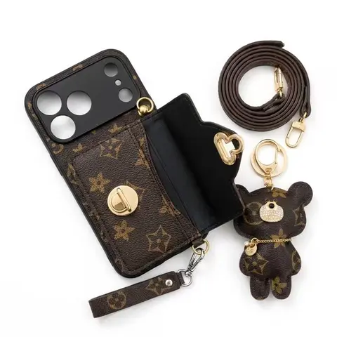Cute Phone Cover for iPhone 16 Pro Max & iPhone 17 Pro Max, Handheld Accessories with Bear Shoulder Strap, Card Holder, Patterned Design, Gold Hardware for Devices & Phone Decoration