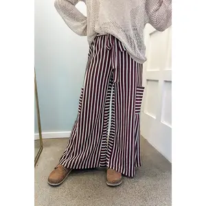 Stripe Wide Leg Pants - Brown