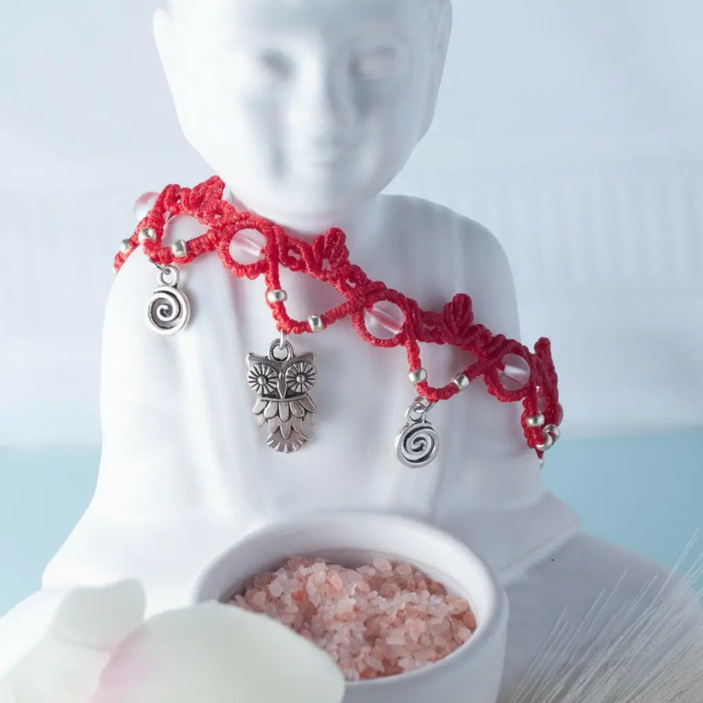 Boho Red Macrame Anklet with Mermaid Glass & Nature Charms