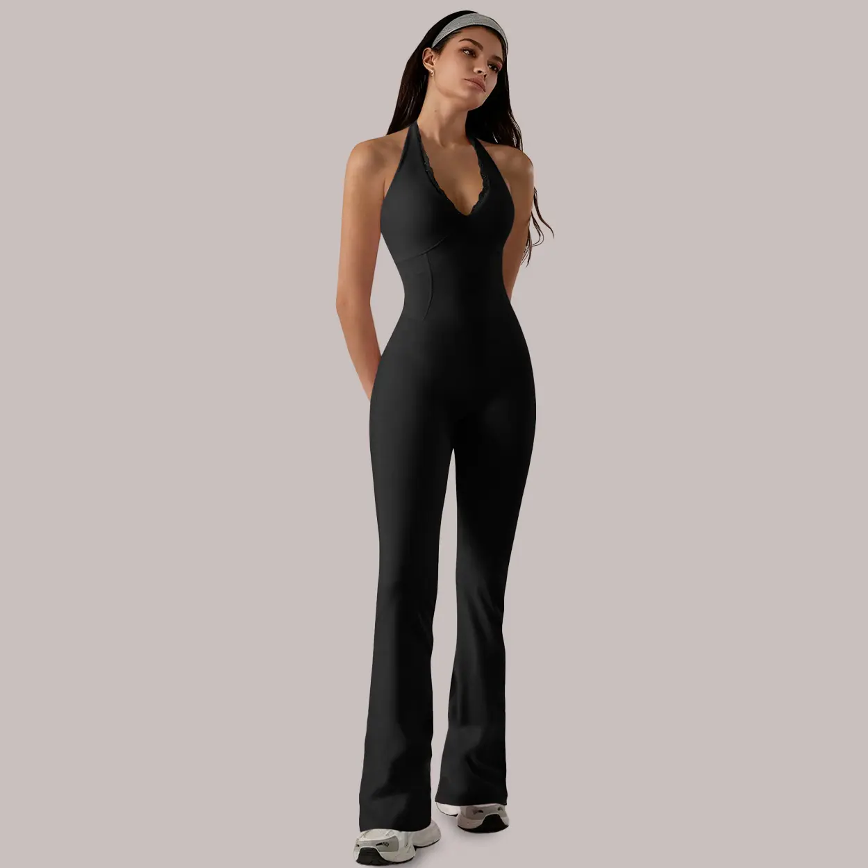 Women's 1-Piece Yoga Workout Jumpsuit, Halter V-Neck, Lace Trim & Cutout Back, Stretch Tummy Control Flare Leg Bodycon Sport Jumpsuit
