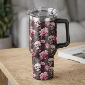 TAHOFLEX 30 oz Aesthetic Checkerboard Floral Insulated Tumbler with Handle, Y2K Style Black & White Checkered Travel Mug with Cream Blooms, Leakproof 4-Way Lid, Cup Holder Friendly, 48H Iced