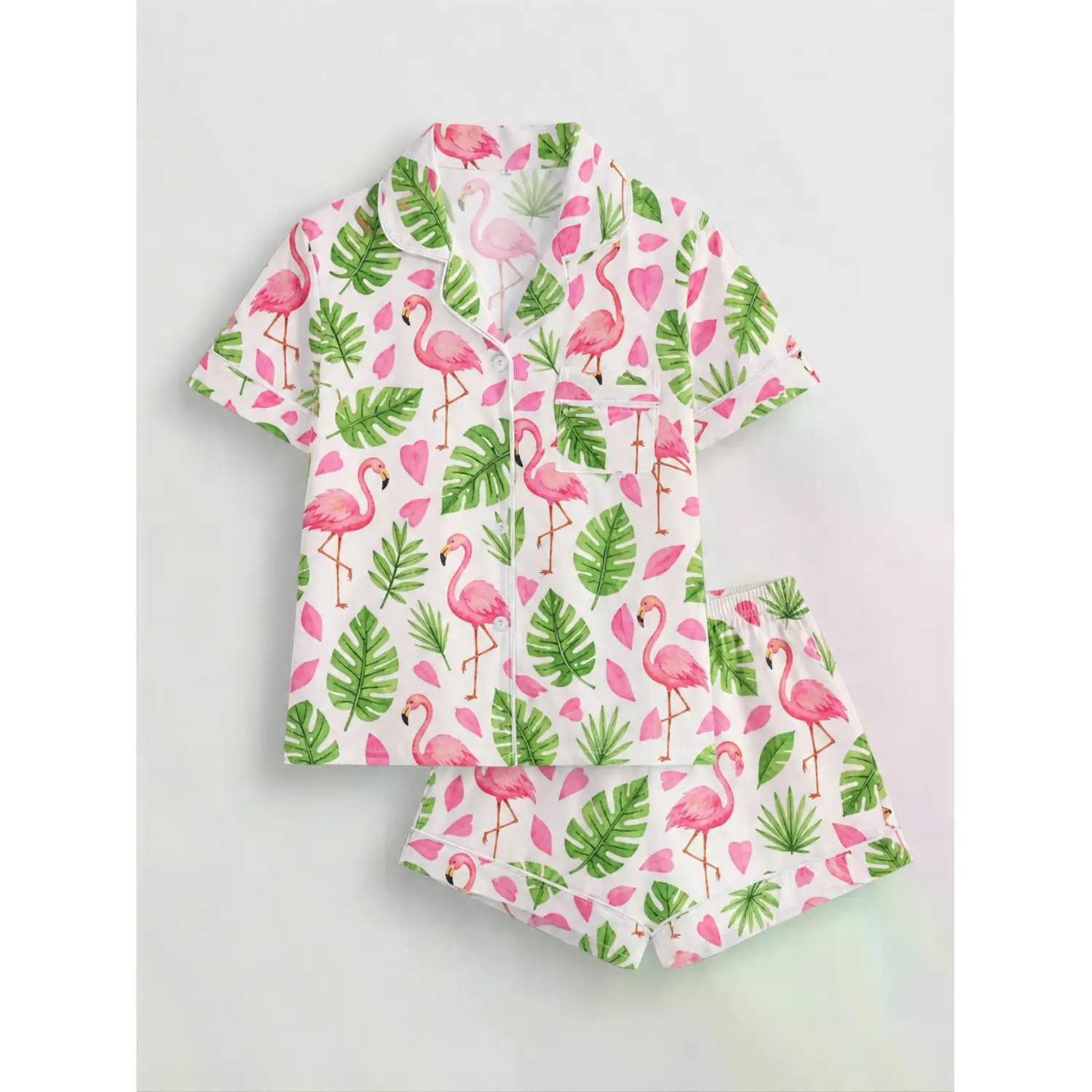 Tropical Flamingo Print Short Sleeve Pajama Set with Matching Shorts - Cute and Comfortable Sleepwear