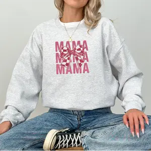Embroidered "MAMA" Crewneck Sweatshirt with Plaid Bow | Cozy and Stylish Gift for Moms
