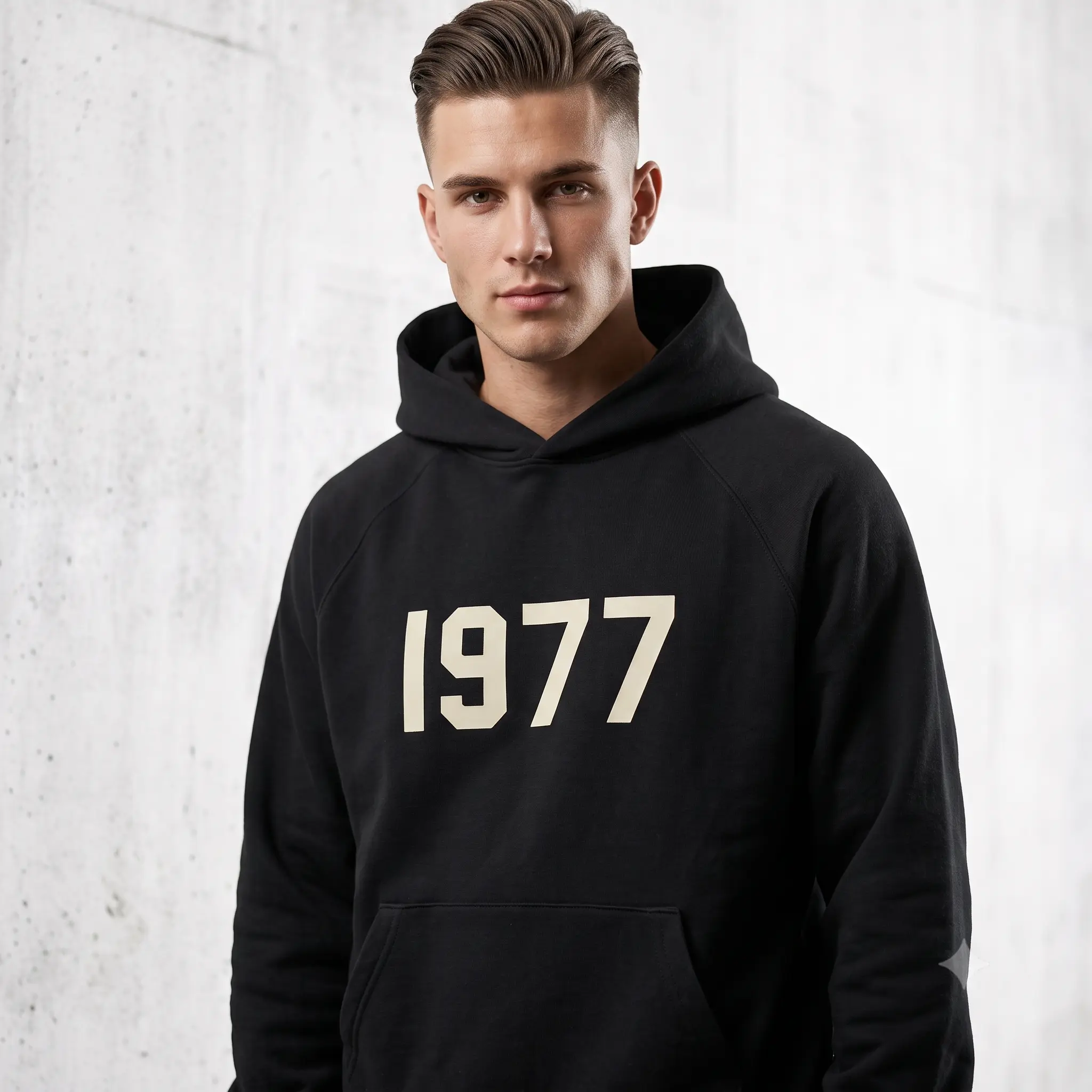 Black 1977 Basic Hoodie, Unisex Oversized Fleece Pullover Sweatshirt, Heavyweight Streetwear Hoodie with Kangaroo Pocket, Casual Hip Hop Long Sleeve Top, Fall Winter Hoodie