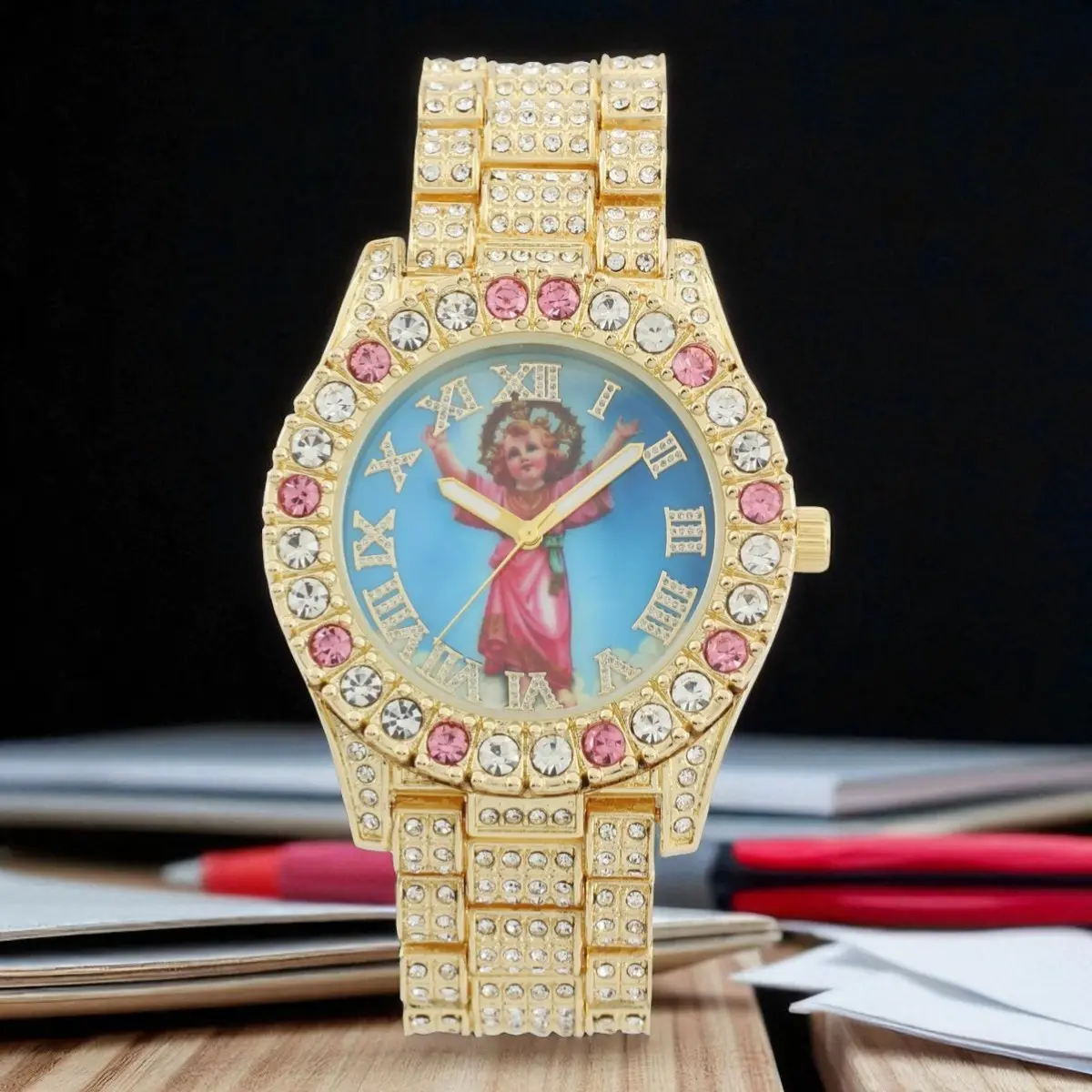 MaxBling81 Watches for Women, Glamorous Gold Plated Fashion Watch Jewelry with Rhinestone Decor, 40mm Japanese Quartz Movement, < 30M Water Resistant, Rhinestones Decor Wristwatch, Wristwatch For Party, Fold Over, Fashionable Party Watch, Lab Diamonds