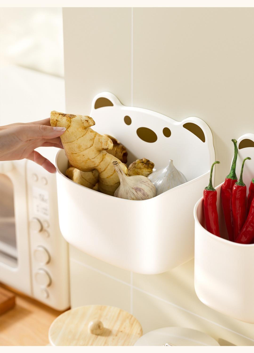 Cartoon wall storage box, ginger, garlic storage wall hanging storage box, storage basket, multi-functional kitchen wall storage rack, no-drilling adhesive hooks