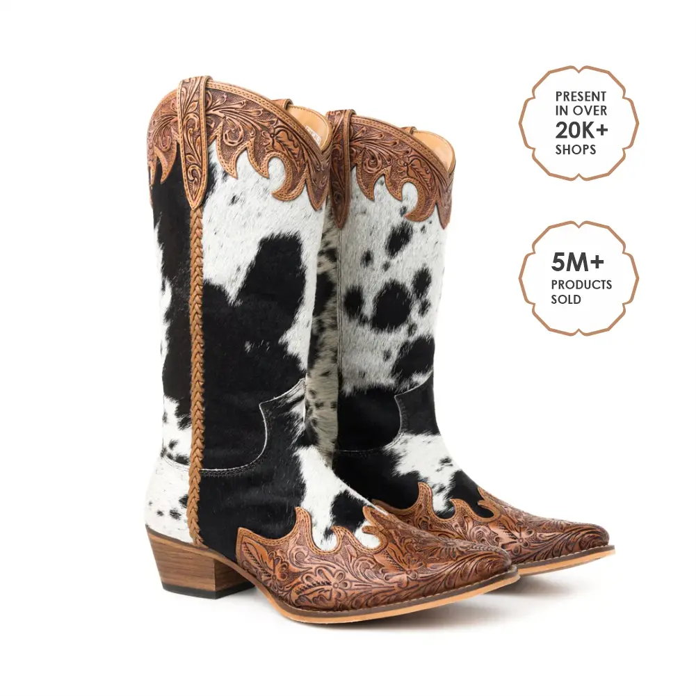 Myra Adelaide Hair-On Cowhide Leather High Top Boots for Women, Hand-Tooled Western Cowgirl Boots with Comfort Fit