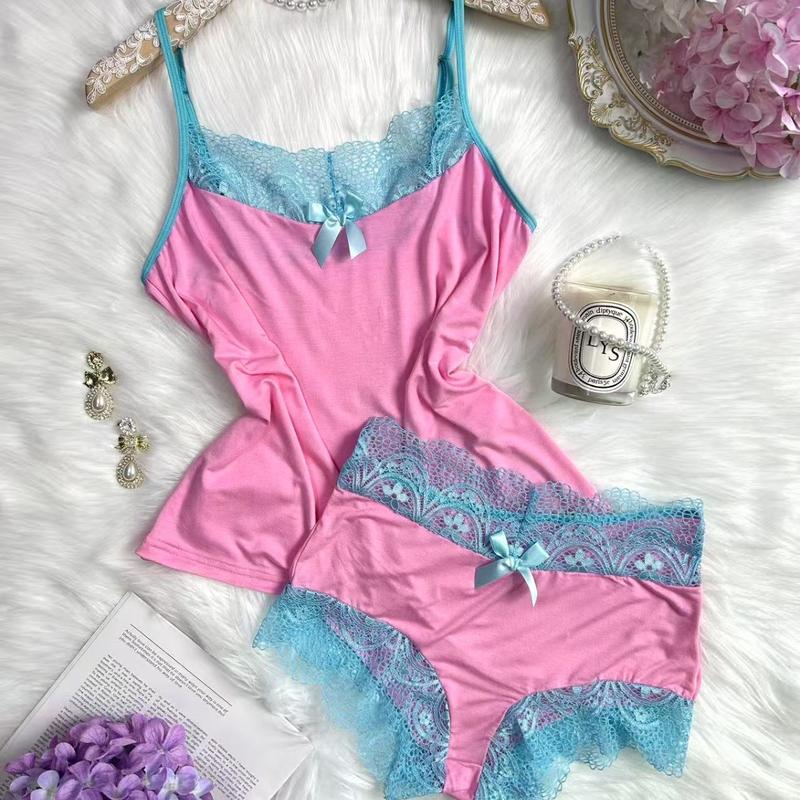 Women's Contrast Color Lace Trimmed Bow Decor Camisole & Shorts Pajama Set ，Women Two Pieces Sleepwear, Homewear Lounge Set