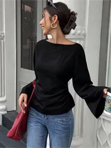 Casual Loose Fit Long Sleeve Blouse, Back Tie Waist Design, Pure Color Basic Women's Top, Comfortable and Stylish, Perfect for Daily Wear