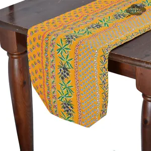 French Provencal table runner - Acrylic coated cotton, Spill-proof - 16x72" - Olives mustard yellow | Le Cluny