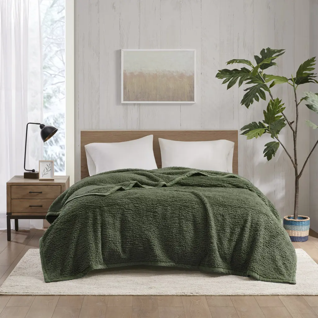 360 Stand Burlington Berber Blanket WR51-3911 - Berber Weave, Polyester Fiber, Layered Warmth, Transitional Look, Machine Washable, Green, 90x90x0.25in, Full & Queen Size