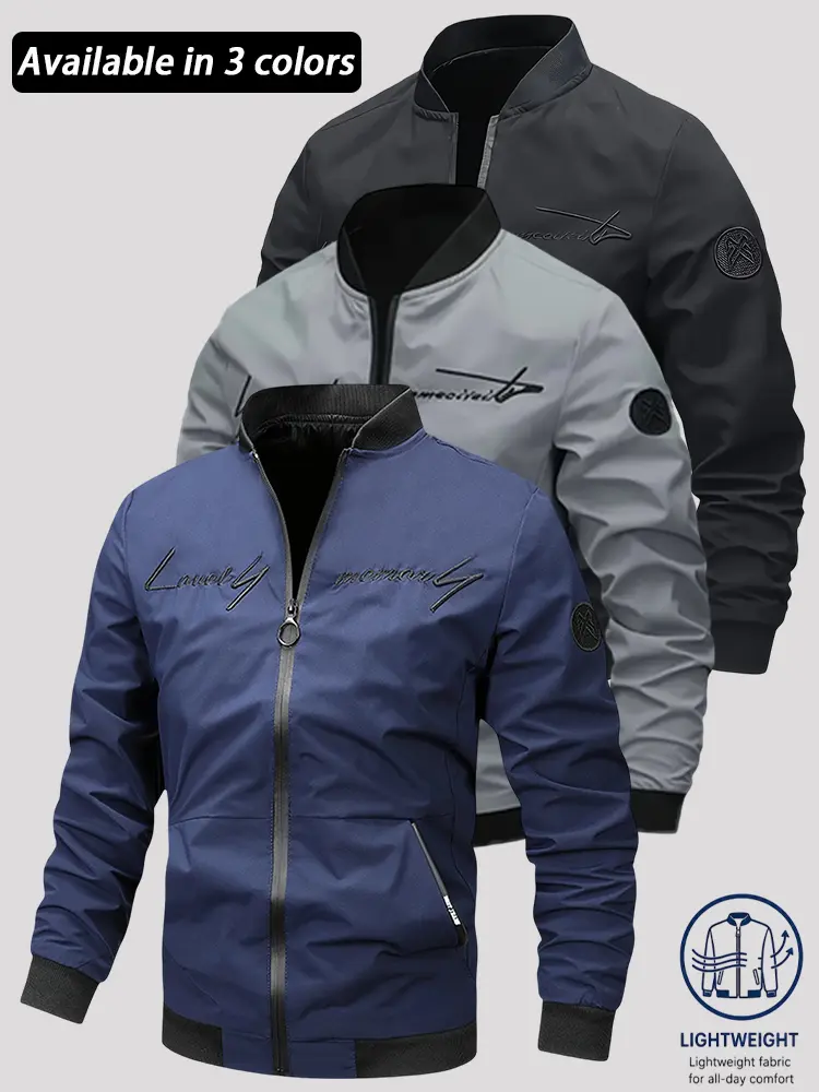 Men's Loose Fit Casual Bomber Jacket, Lightweight Full Zip Windbreaker with Stand Collar, Ribbed Cuffs and Hem, Secure Zipper Pockets, Embroidered Chest Detail, Relaxed Outerwear for Daily Wear, Street Style, Travel, Spring, Fall and Winter