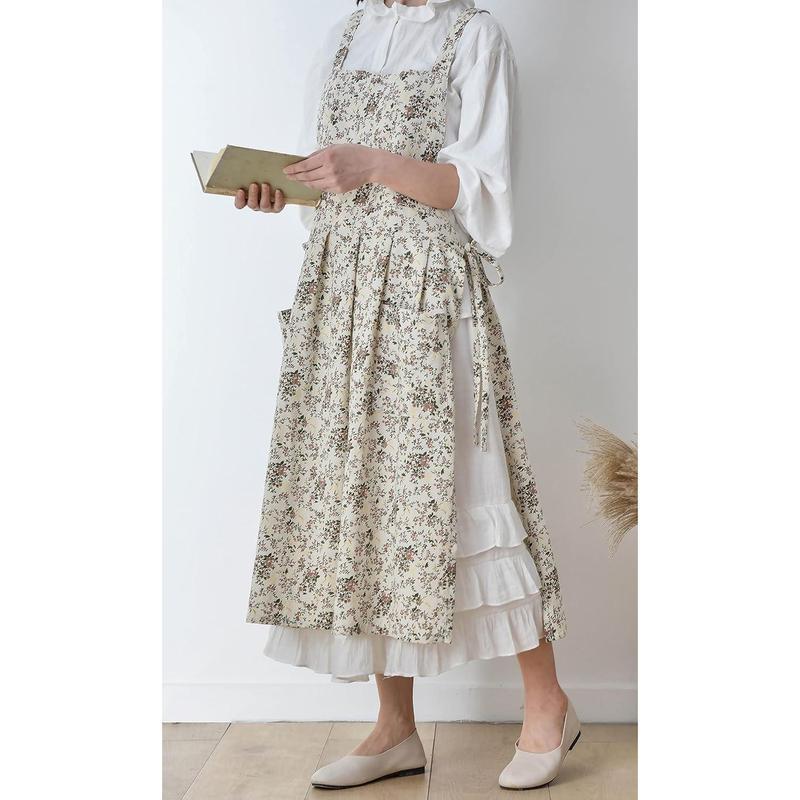 Women's Floral Cotton Waterproof Adjustable Kitchen Apron with Pockets, Vintage Pinafore for Cooking Baking, Washable Craft Gardening Apron