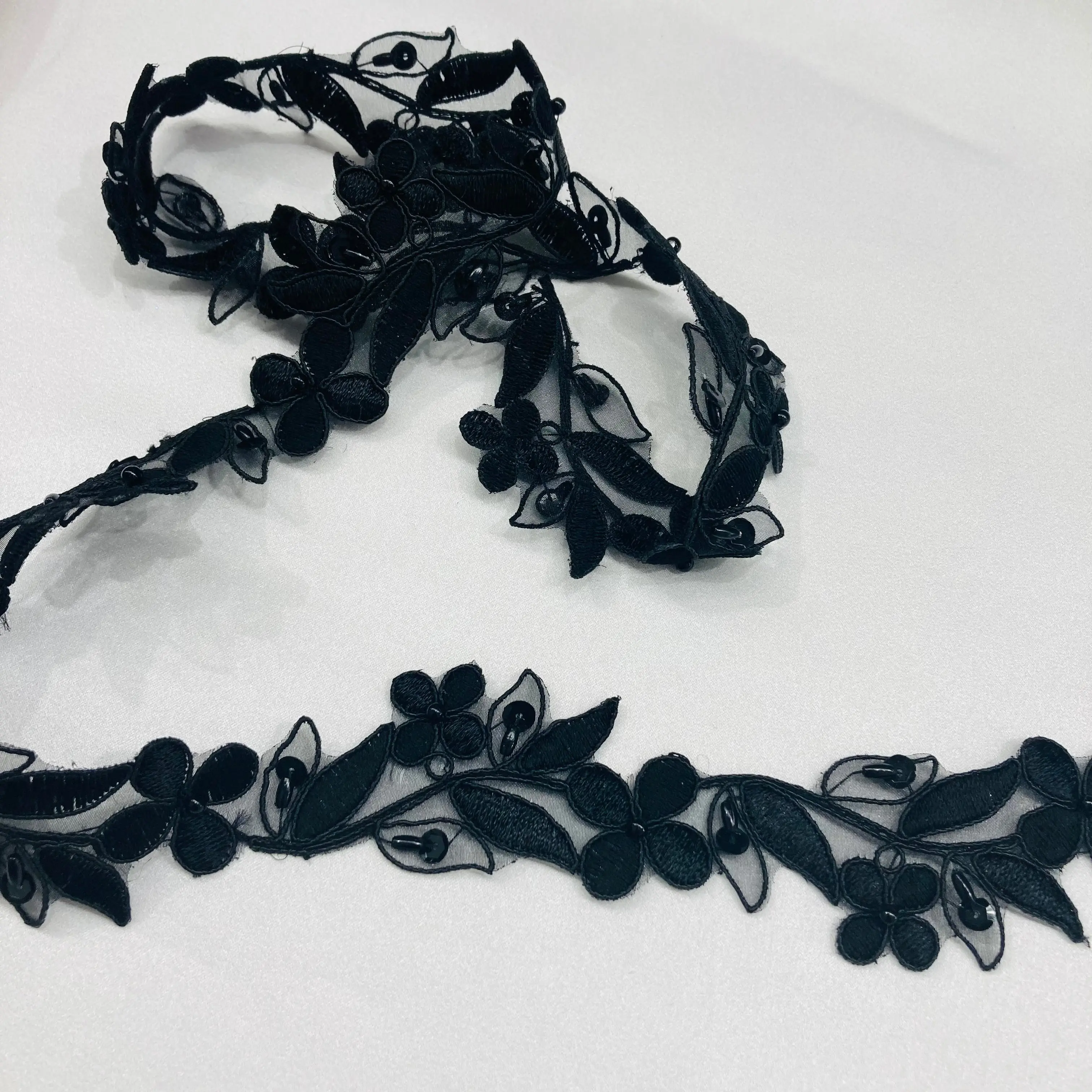 Elegant Floral Beaded Corded Lace Trimming, Embroidered on 100% Polyester - Lace USA 95473N-BP, Elegant Floral Lace